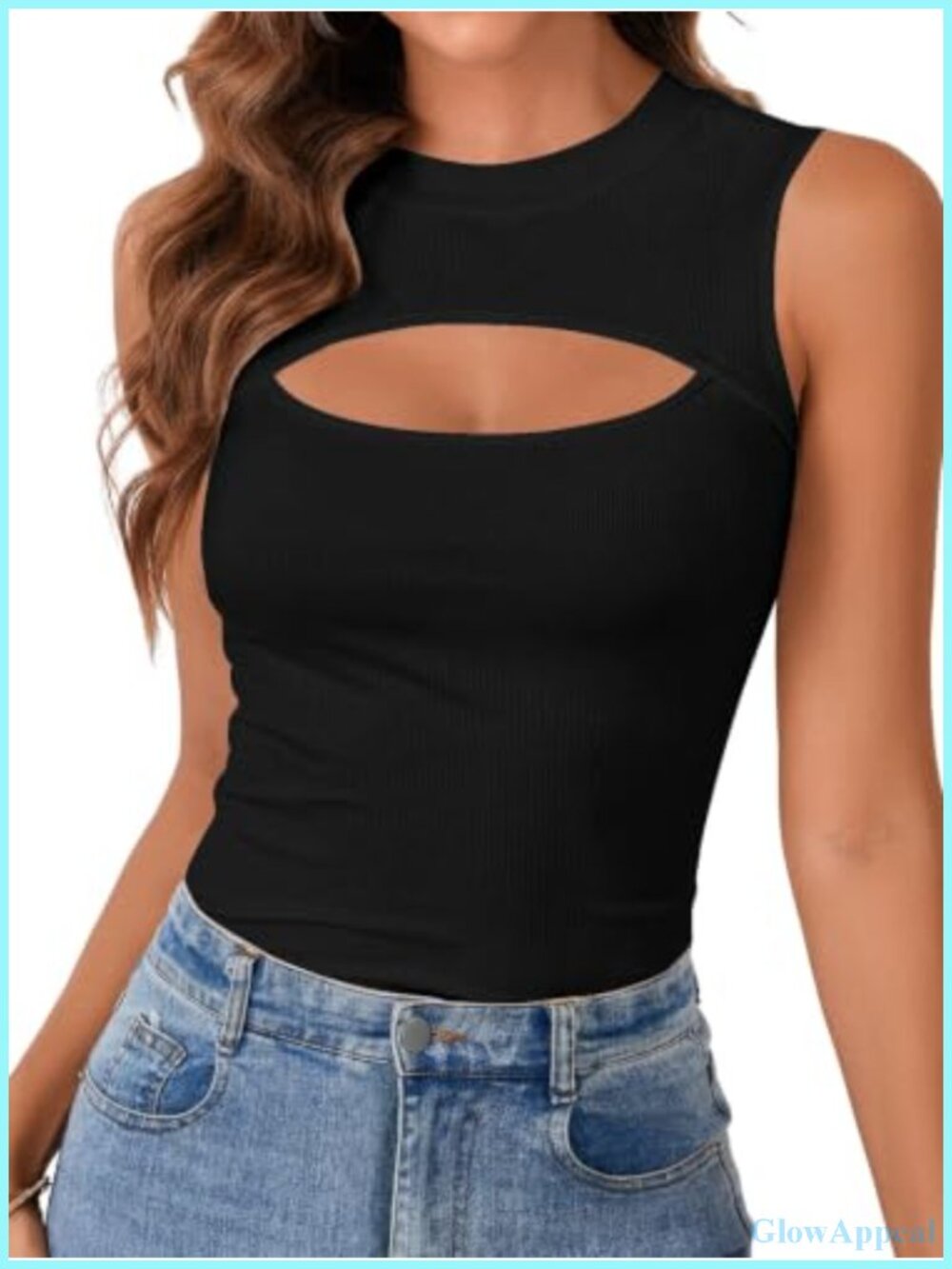 Sleeveless Ribbed Knit Cut Out Front Crew Neck Tank Top Slim Fit